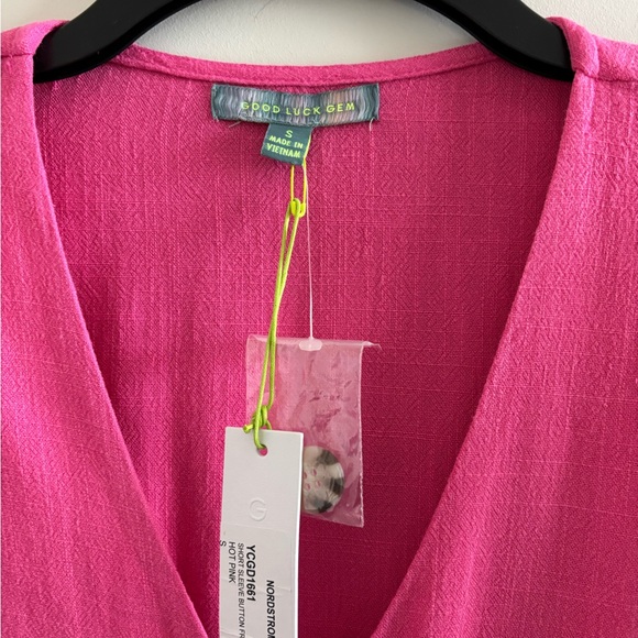 Good Luck Gem Dress Mini Pink Linen Button Flutter Sleeve Womens S Boho NWT - Picture 4 of 11